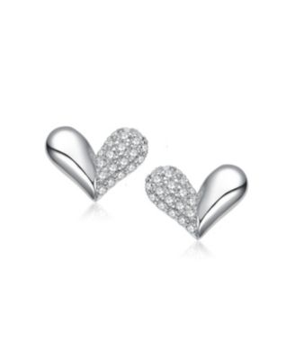 White Gold Plated with Paved Clear Cubic Zirconia Sleek Heart Stud Earrings