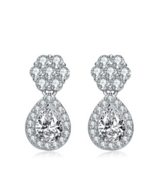 Sterling Silver with White Gold Plated Clear Pear and Round Cubic Zirconia Halo with Flower Post Drop Earrings