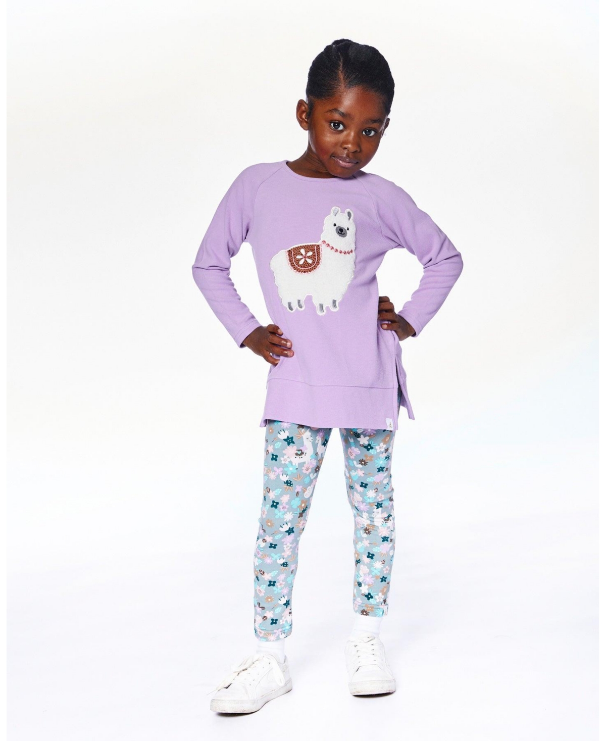 Deux par Deux Big Girls Super Soft Brushed Jersey Tunic Purple with Llama