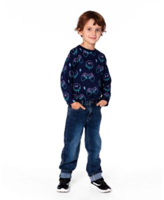 Little Boys Long Sleeve Cotton Allover Print Tee Navy Blue - Toddler|Child