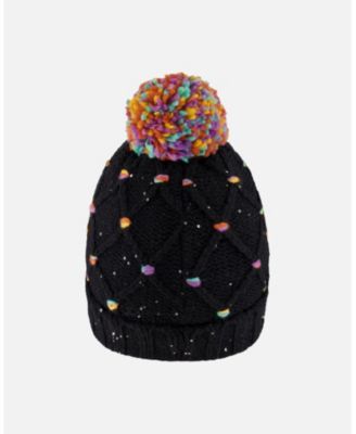 Girl Lined Knit Pompom Hat Black and Multicolor with Little Sequins - Toddler|Child
