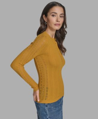 Women's Long Sleeve Mix-Stitch Henley Neck Sweater