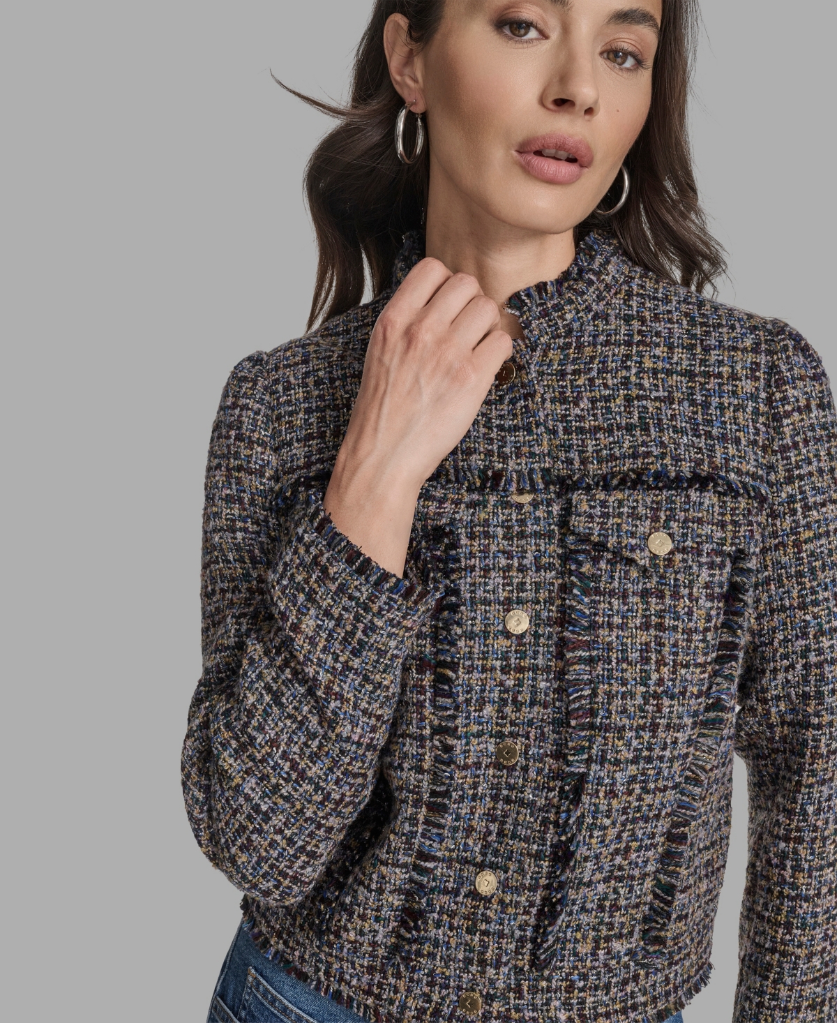 Bcbg Women's Boxy Mock Neck Tweed Jacket In Gray