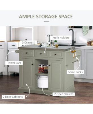 Gray Mobile Kitchen: Island Cart with Stainless Top and Multi-Storage