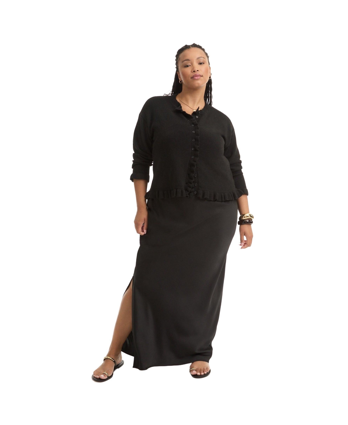 Women's Plus Size Ruffle Hem Buttoned Sweater - Black onyx
