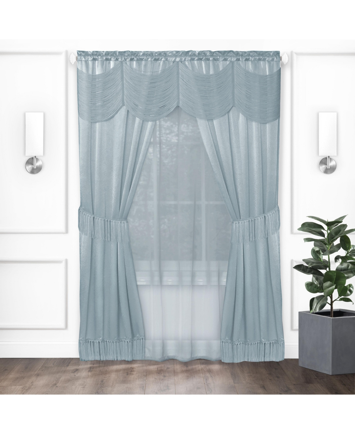 Satin Chic Complete Attached Window Curtain, Tiebacks & Valance Set - in. Long - Taupe