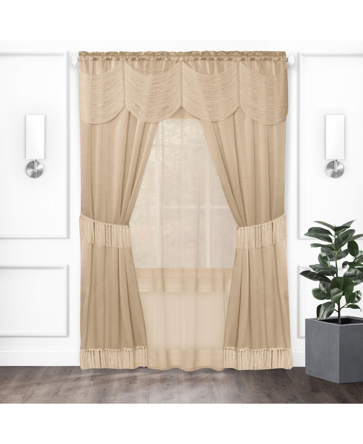 Satin Chic Complete Attached Window Curtain, Tiebacks & Valance Set - in. Long - Taupe