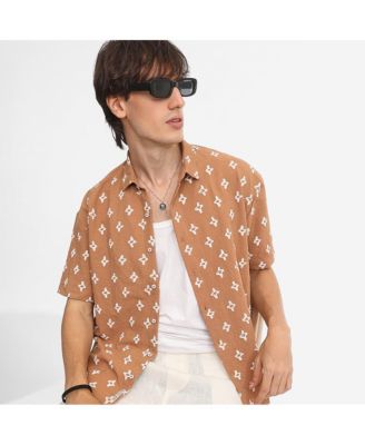 Men's Tan Brown Floral-Tactile Oversized Shirt