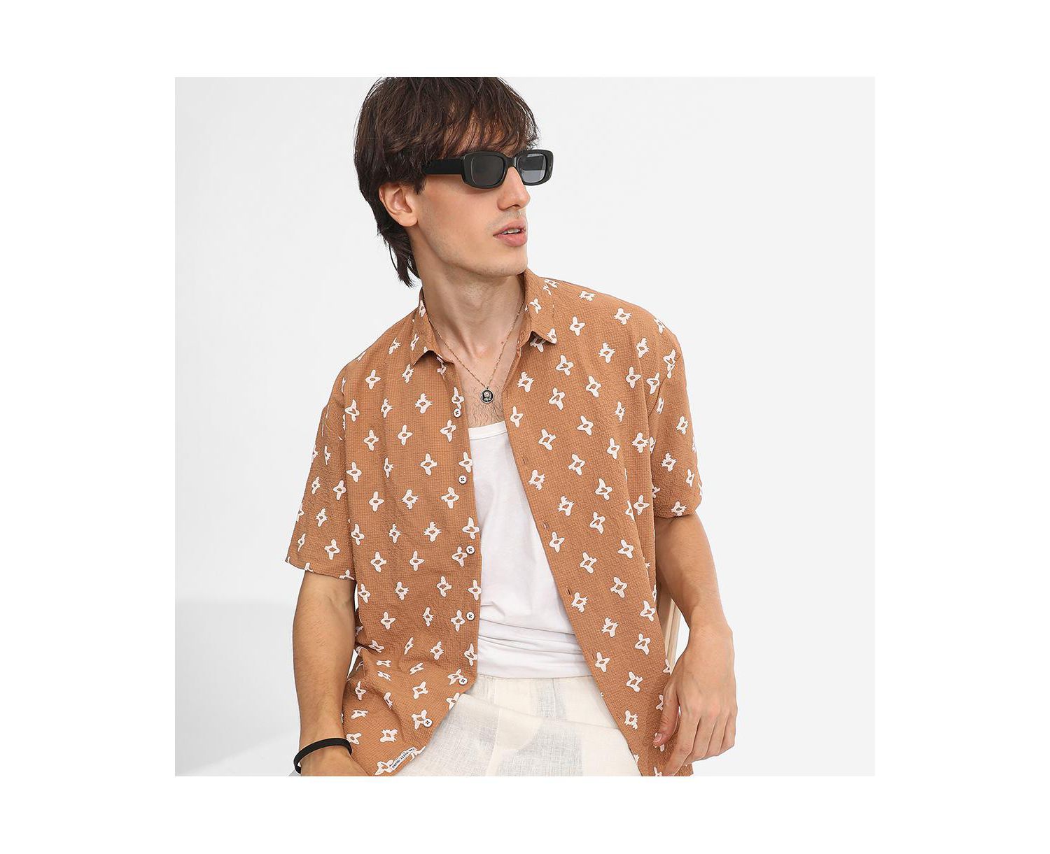 Men's Tan Floral-Tactile Oversized Shirt
