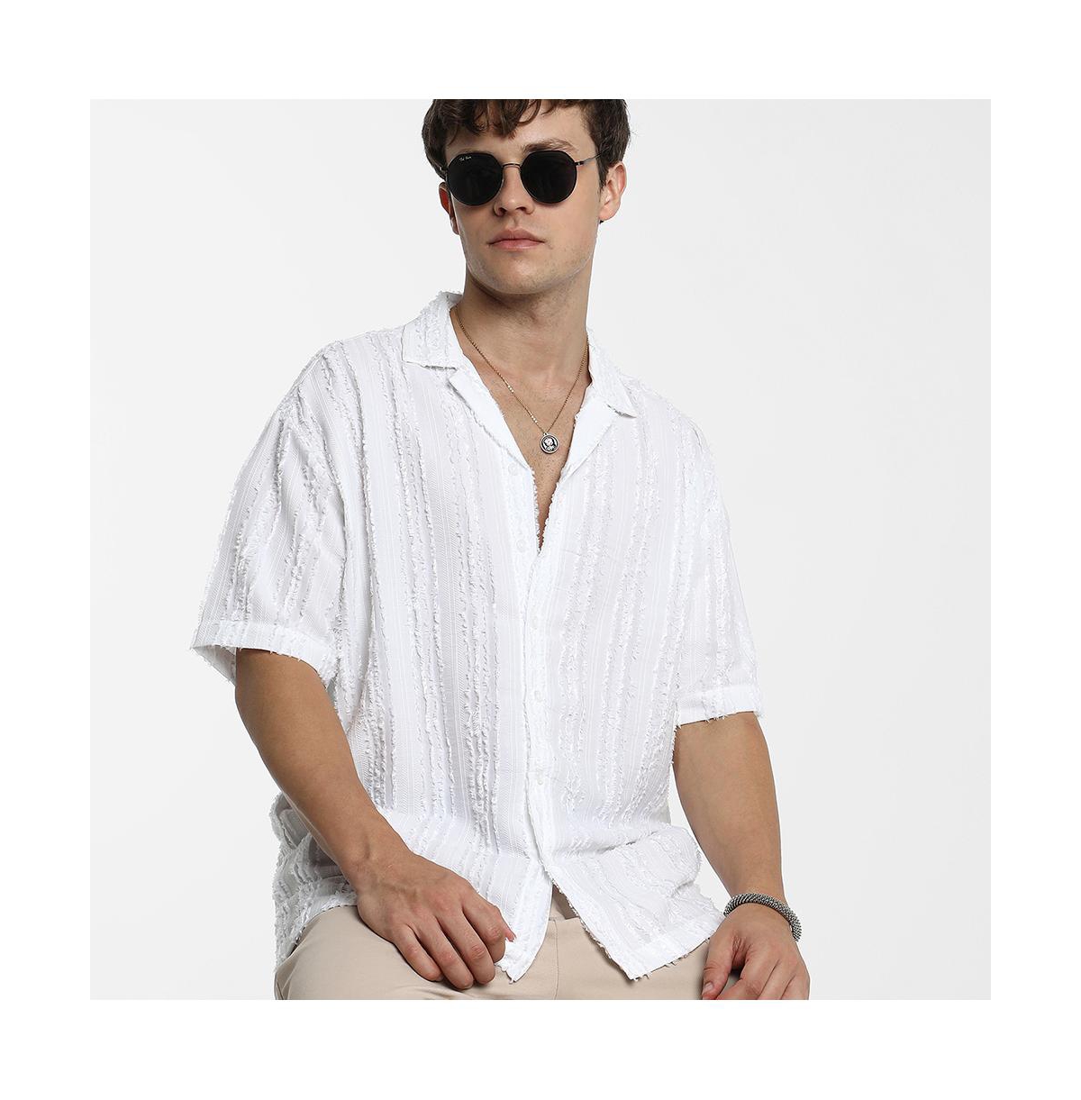Campus Sutra Men's Chalk White Unhemmed Striped Oversized Shirt