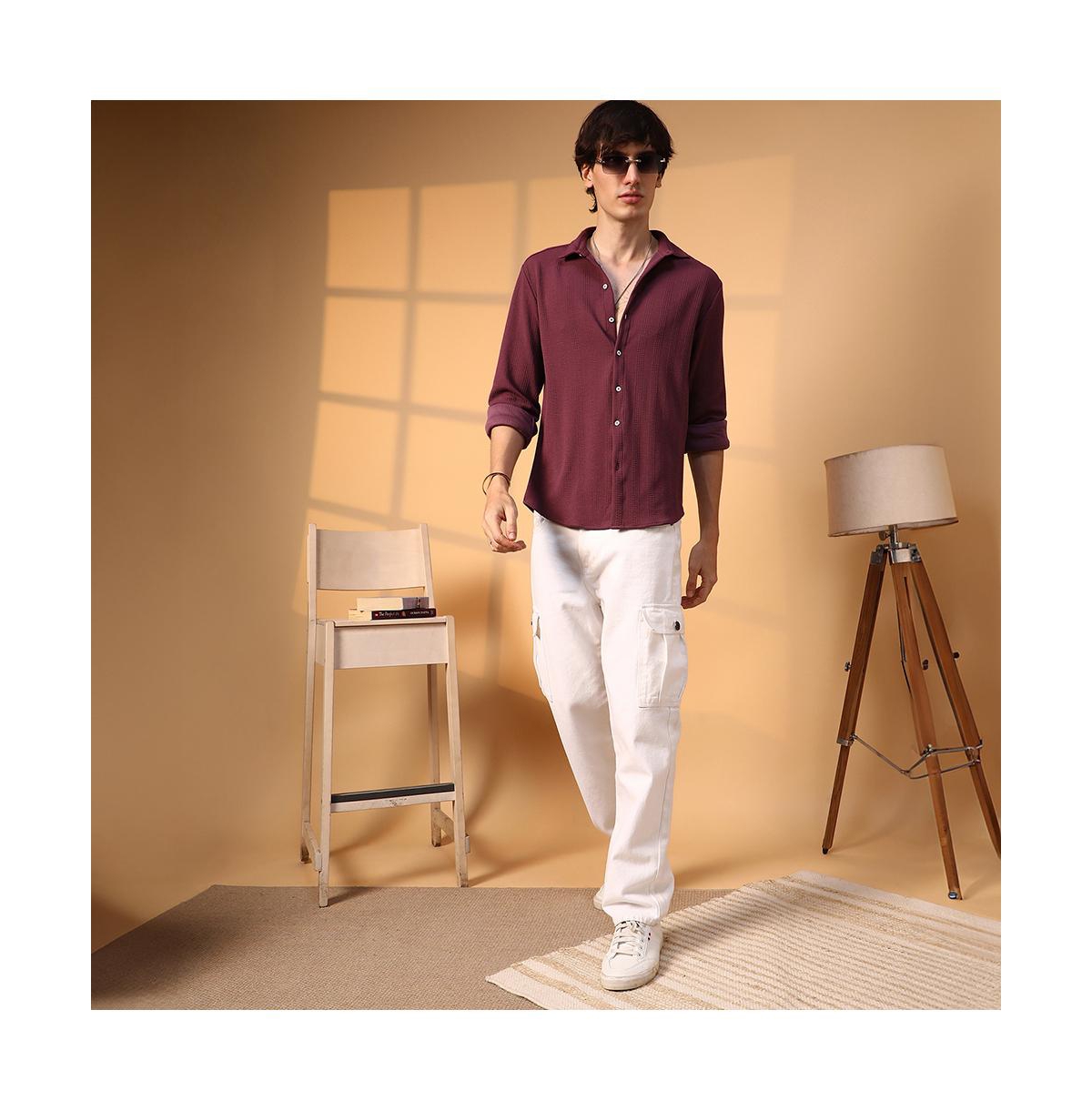 Campus Sutra Men's Burgundy Red Rope-Textured Shirt