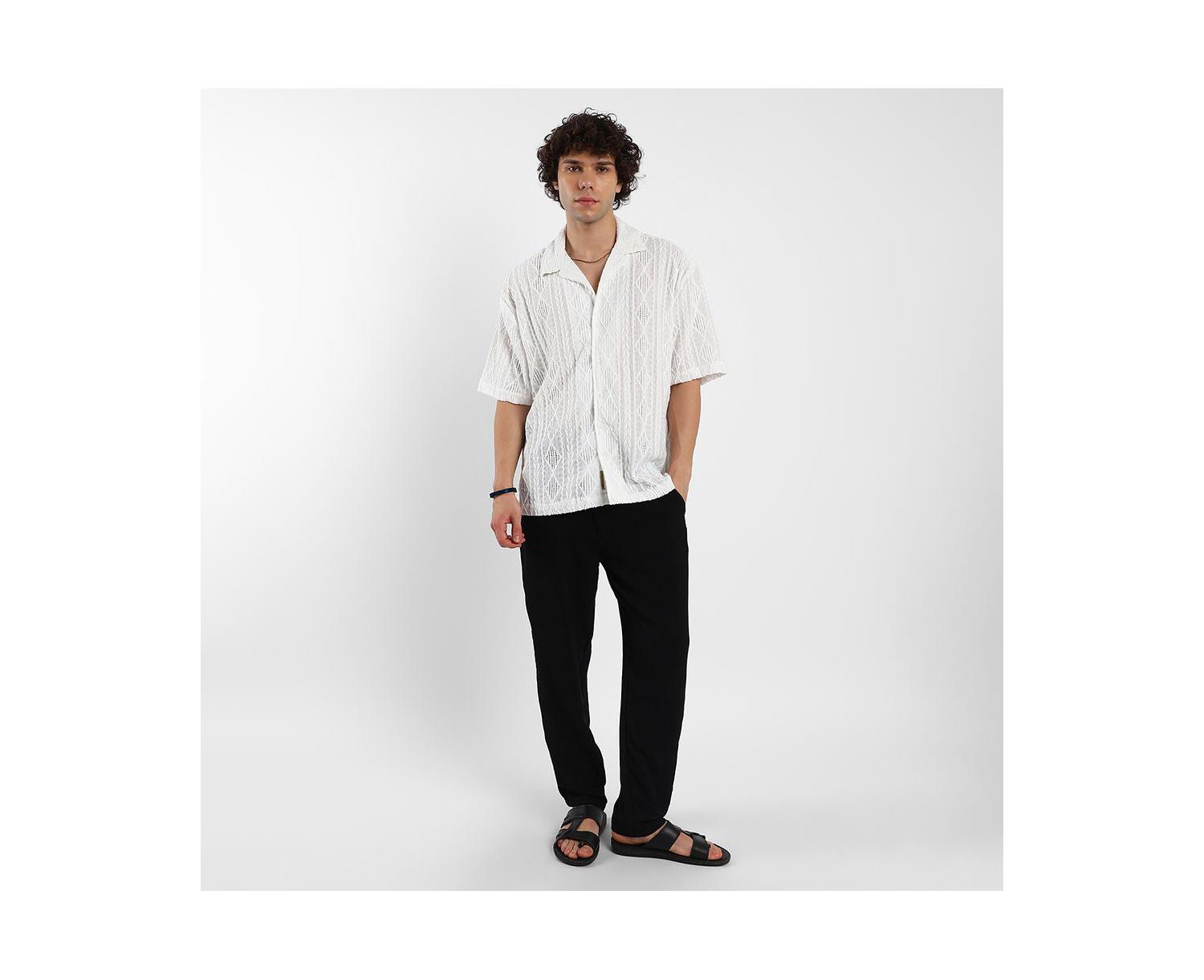 Men's Daisy White Argyle-Textured Oversized Shirt