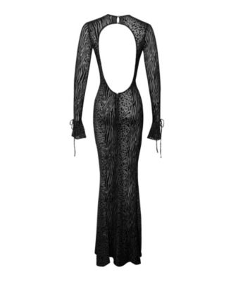 Women Waylynn Black Animal Print Burnout Velvet Detail Mesh Backless Maxi Dress