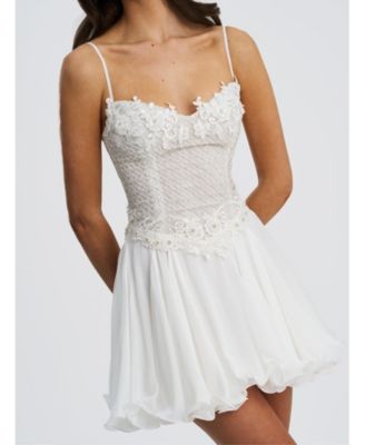 Women Fabiola Lace Trim Silver Net Top Mini Flare Chiffon Dress