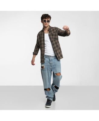 Men's Tan Brown & Charcoal Black Tartan Plaid Shirt