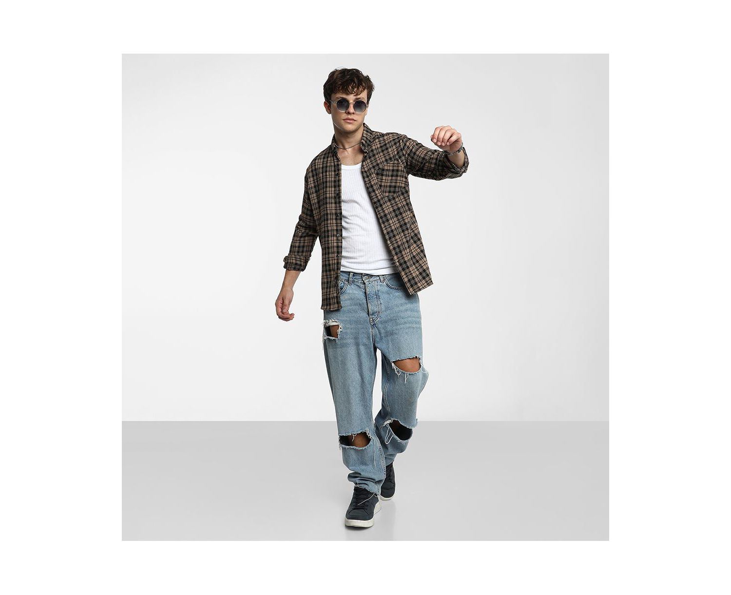 Men's Tan Brown & Charcoal Black Tartan Plaid Shirt