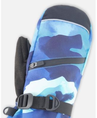 Boys Winter Mittens Teknik Teal Blue Camouflage