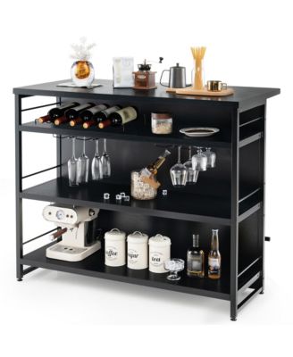 Industrial Kitchen Island Bar Table 4-Tier Storage Shelf Wine Rack Glass Holders