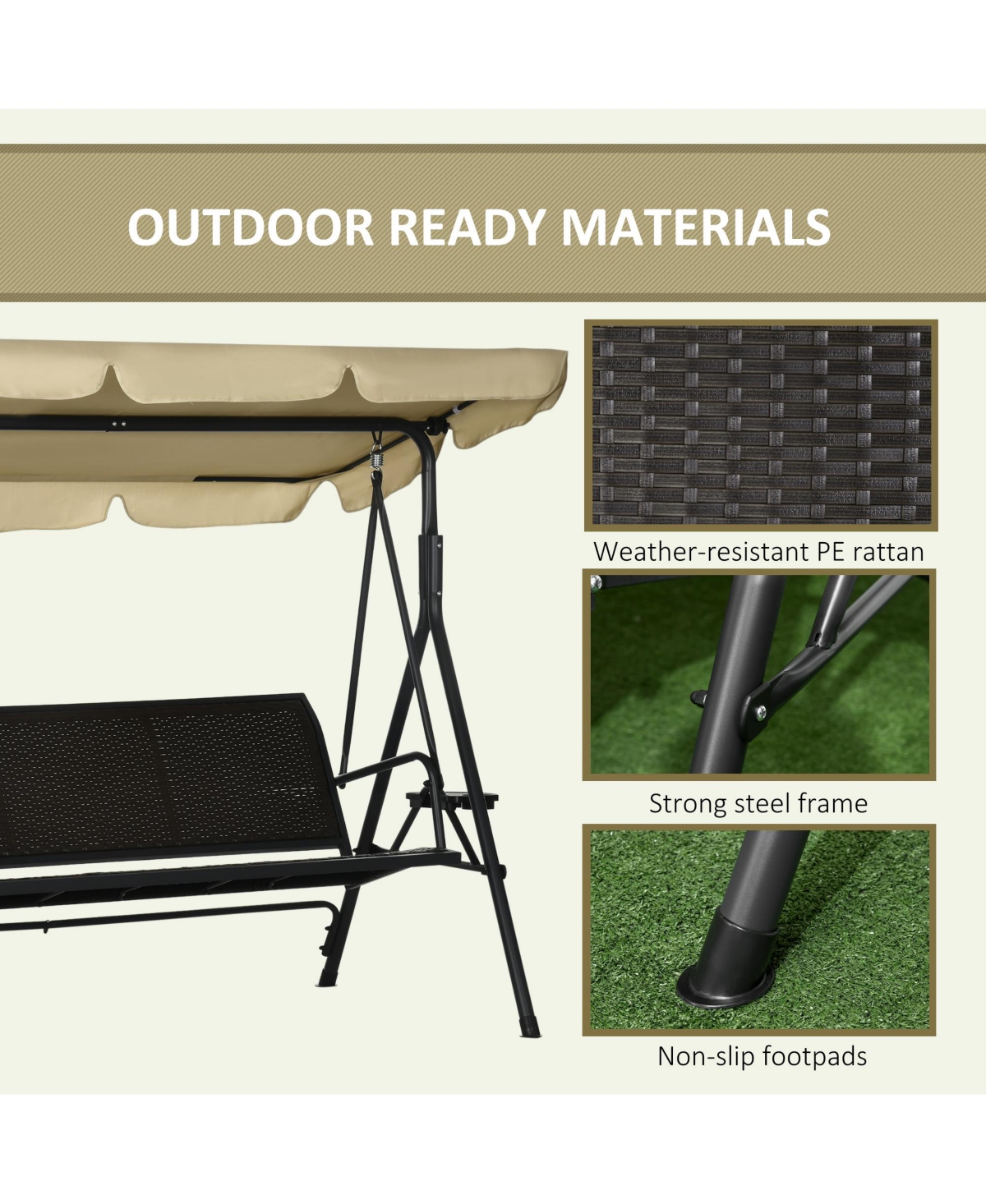 Outsunny 3-Seat Porch Swing with Canopy Outdoor Swing with Cushion, Pillows