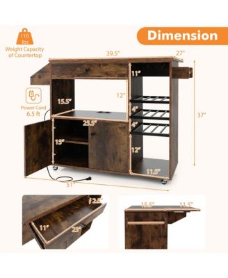 Drop-Leaf Kitchen Island Cart with Power Outlet, Microwave Shelf, Wine Rack & Drawer