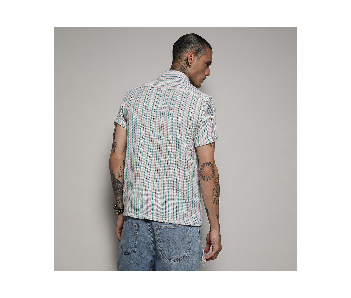 Мужская рубашка Cahoot Campus Sutra Pink & Green Unbalanced Striped Woven, цвет: Белый — фото 5