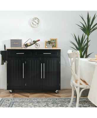 Kitchen Island Trolley Cart Wood Top Rolling Storage Cabinet w/Knife Block