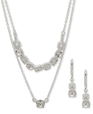 Crystal Drop Earrings & Two-Row Necklace, 16" + 3" extender