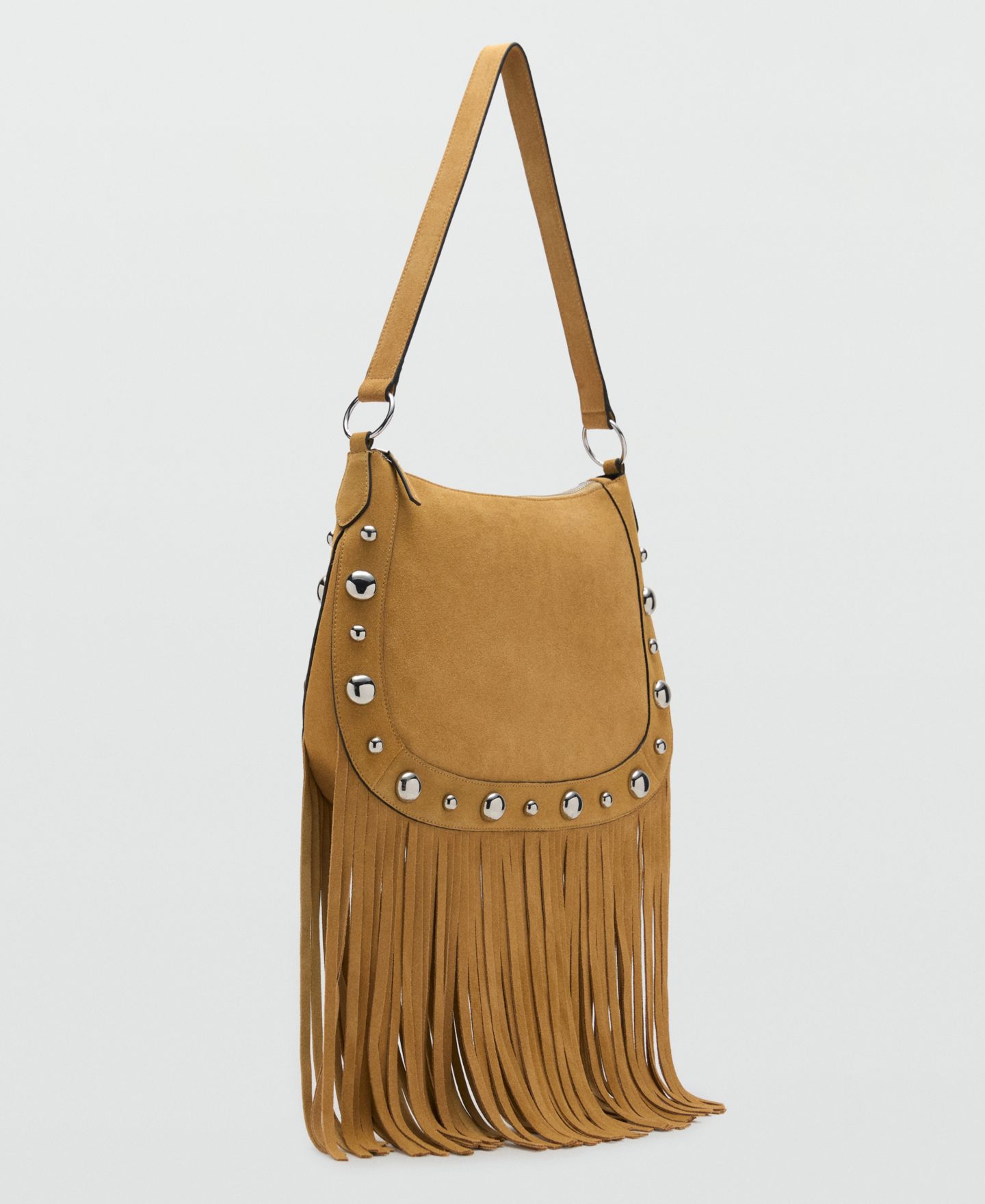 Женская сумка MANGO Fringes and Stud Details Suede, цвет: Горчичный — фото 1