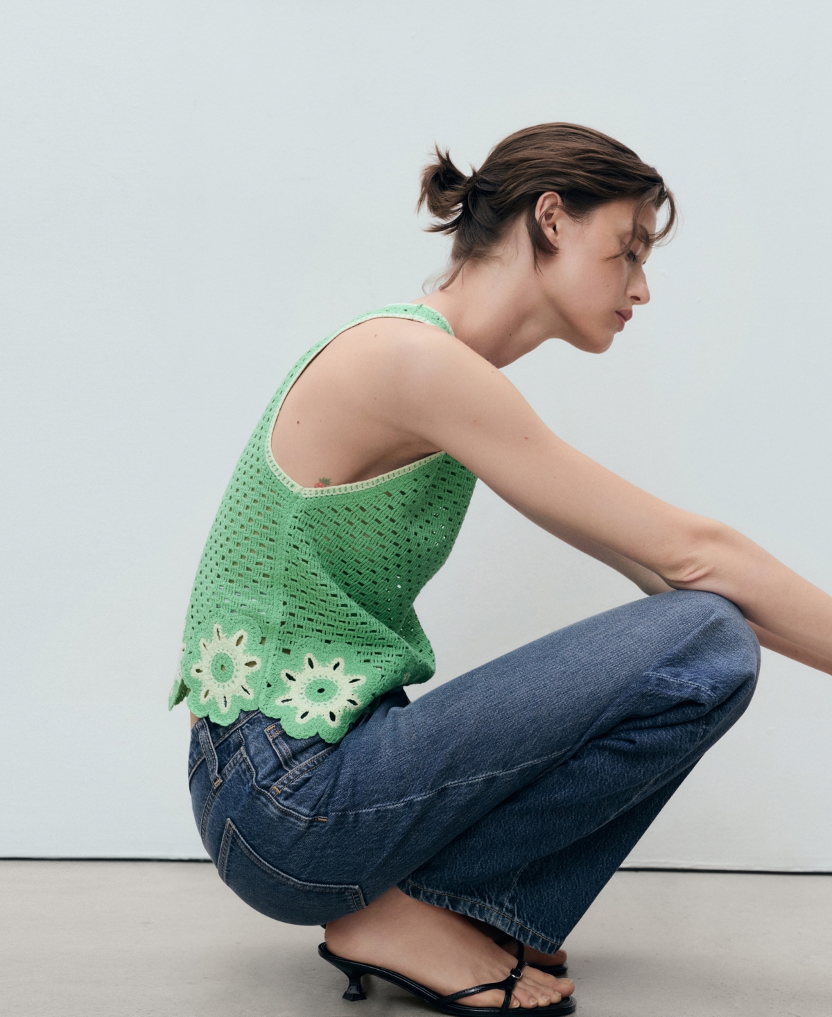 Mango Floral Scallop Crochet Tank In Green