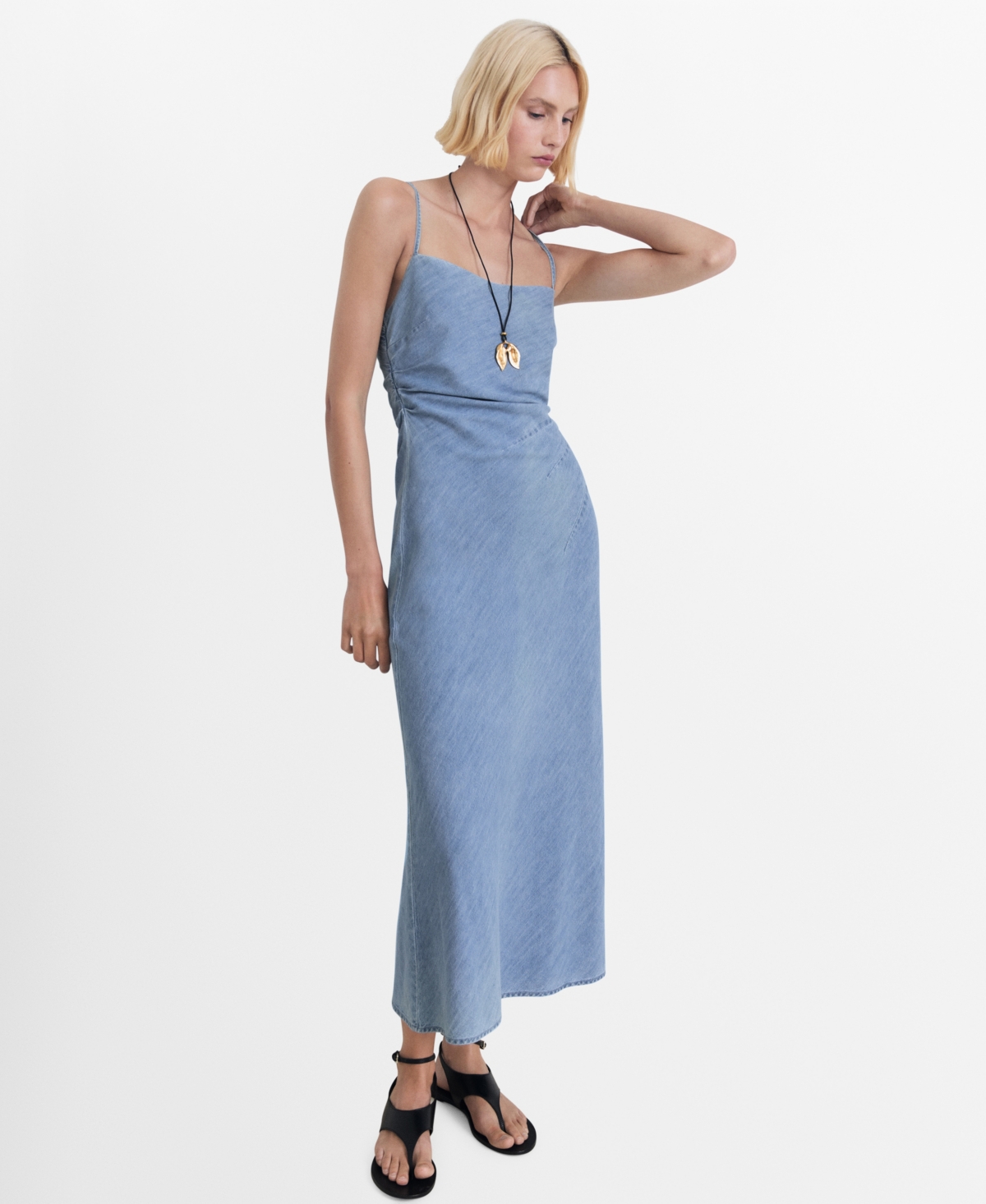 Mango Draped Denim Maxi Dress In Blue