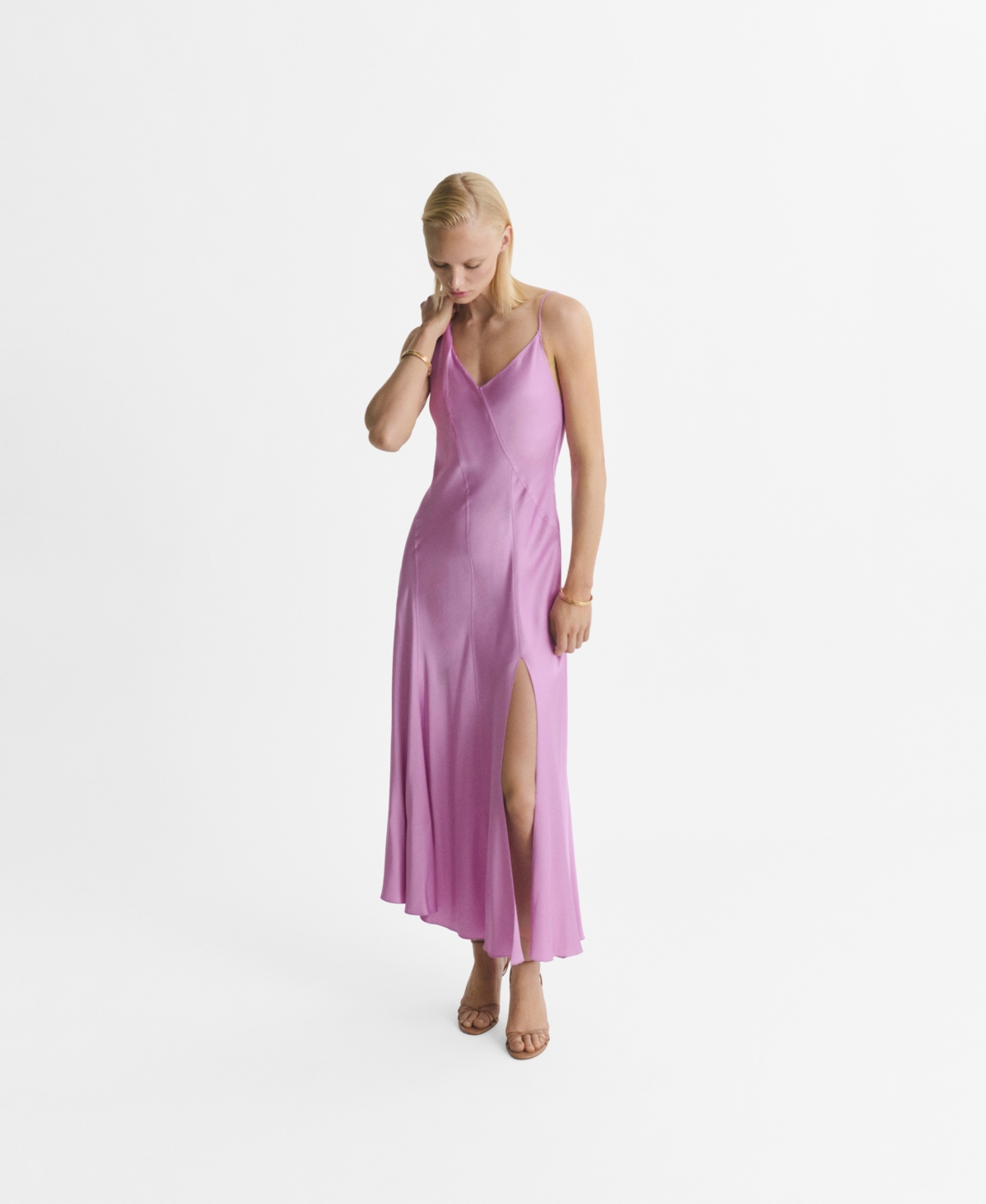Mango One Shoulder Satin Midi Dress With Side Split In Pink