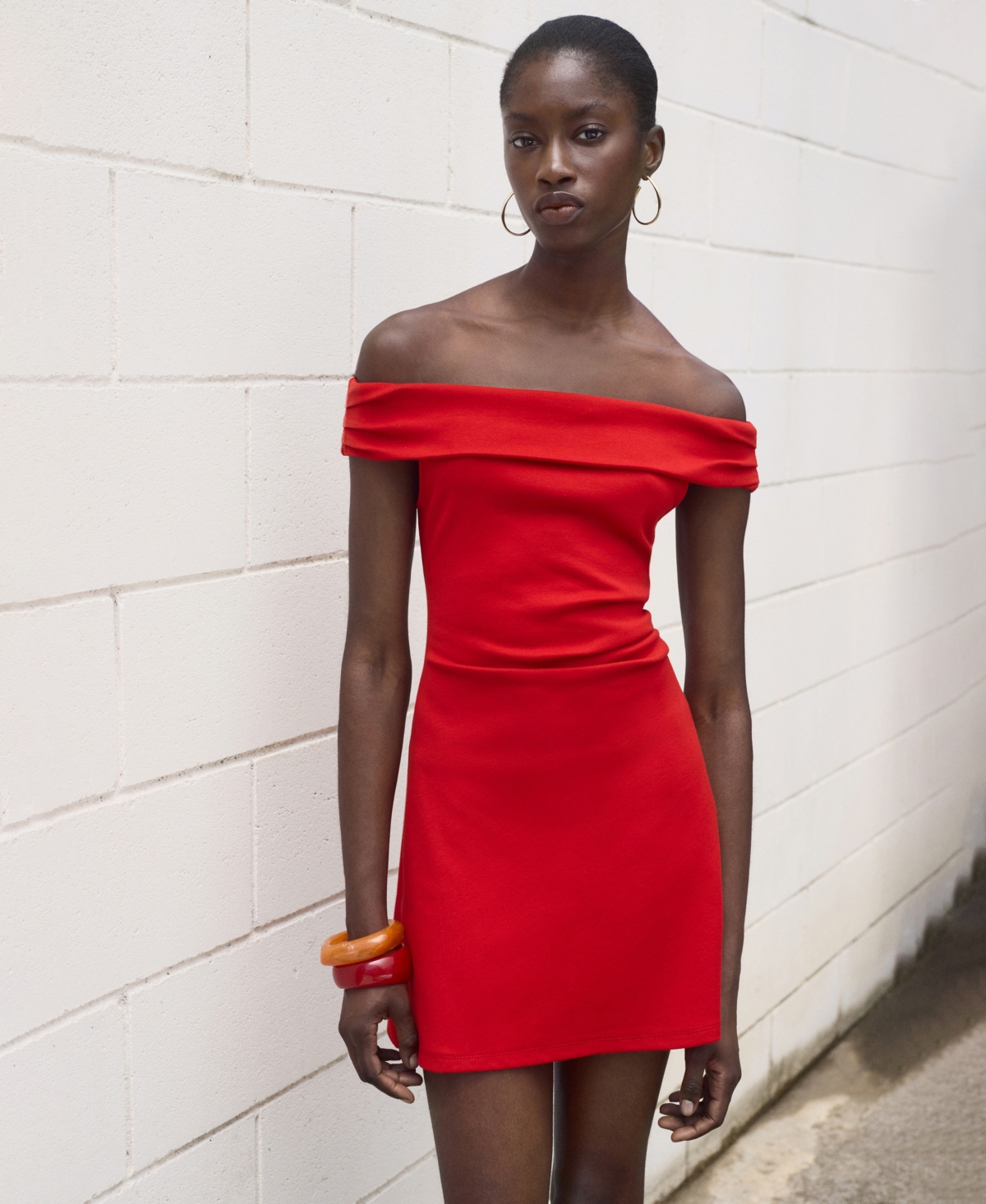 Mango Cotton Off The Shoulder Ruched Side Mini Dress In Red