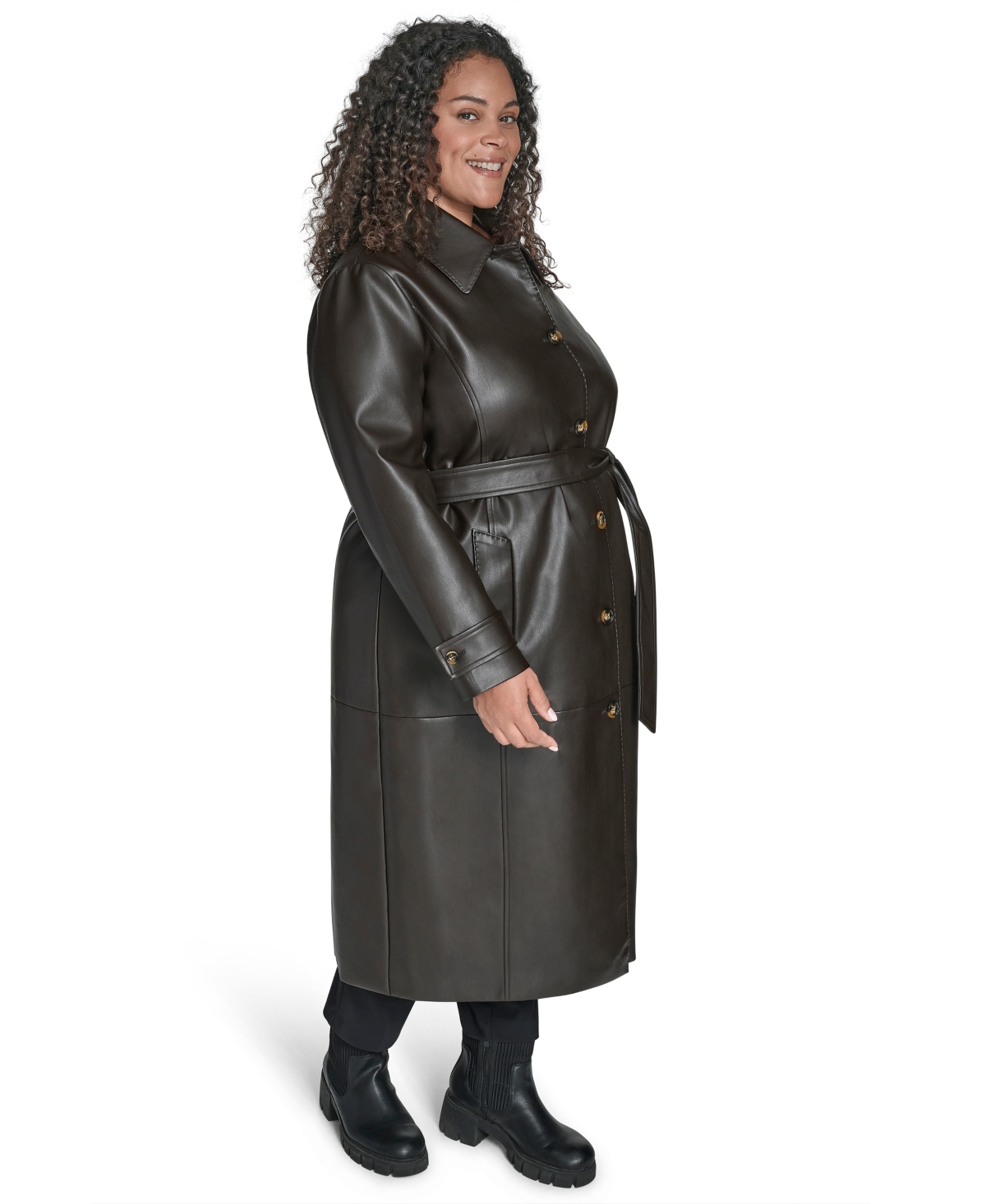 Calvin Klein Plus Size Belted Faux Leather Trench Coat In Black