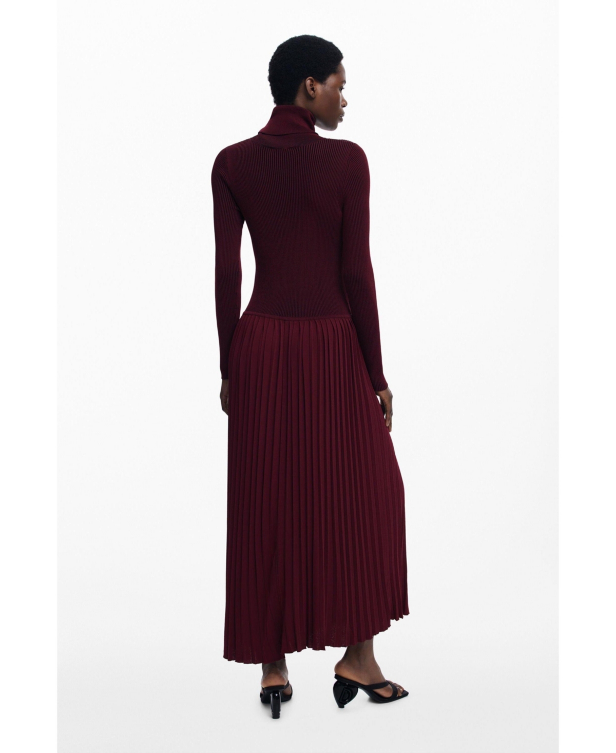 Desigual Long Sleeve Pleat Turtleneck Maxi Dress In Burgundy