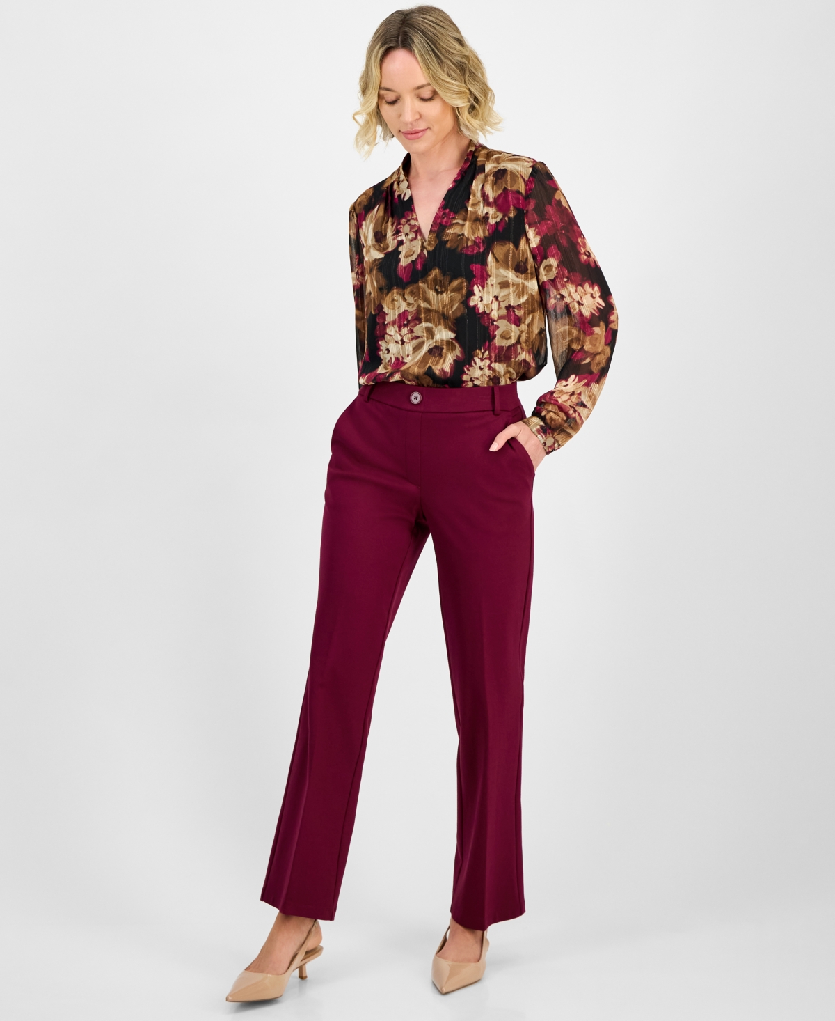 Kasper Plus Size Mid-rise Straight-leg Ankle Pants In Burgundy