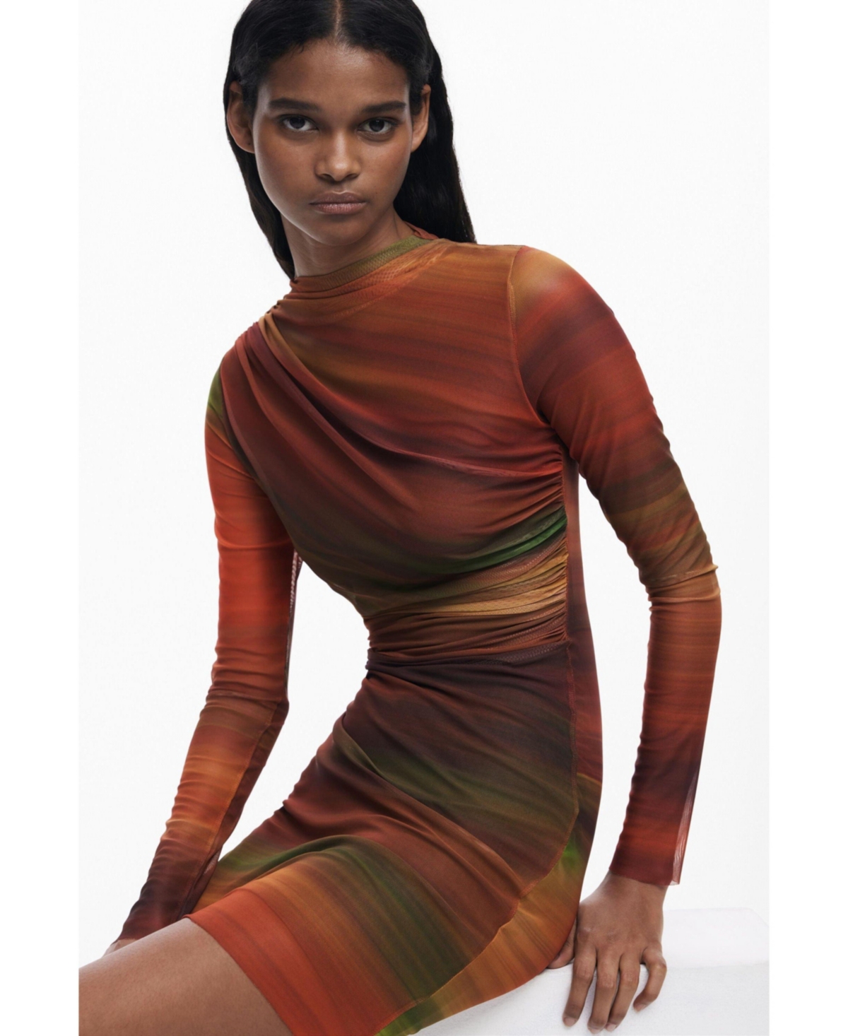 Desigual Ruched Long Sleeve Mesh Minidress In Brown