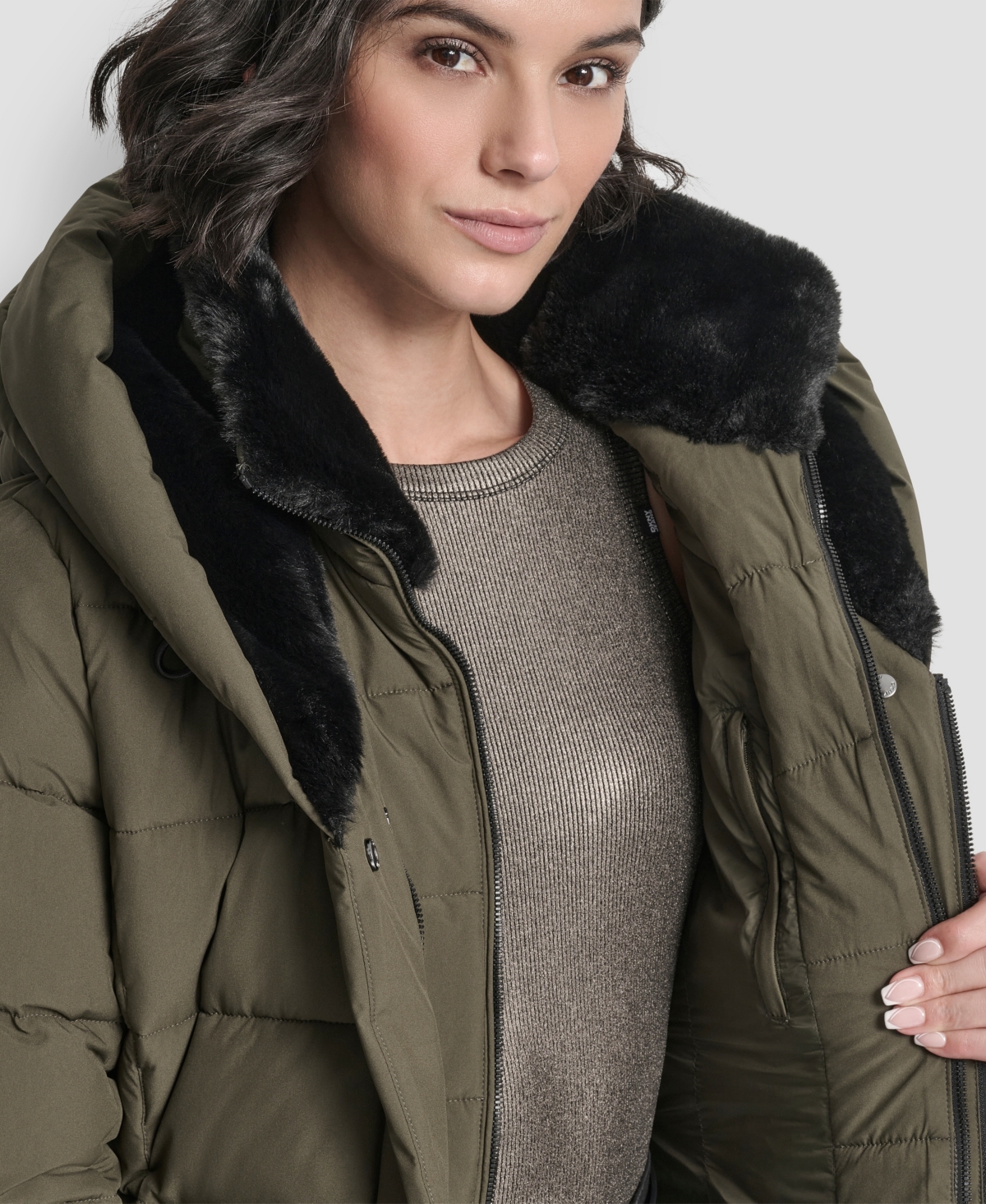 Dkny Women's Belted Asymmetrical Zip Front Puffer Coat In Gold