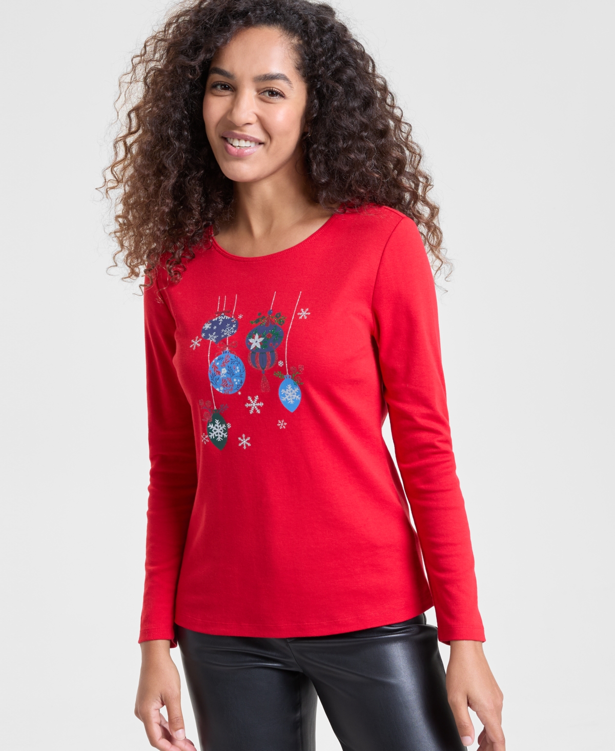 Holiday Lane Women's Ornaments Long-Sleeve Top, Macy's Exclusive