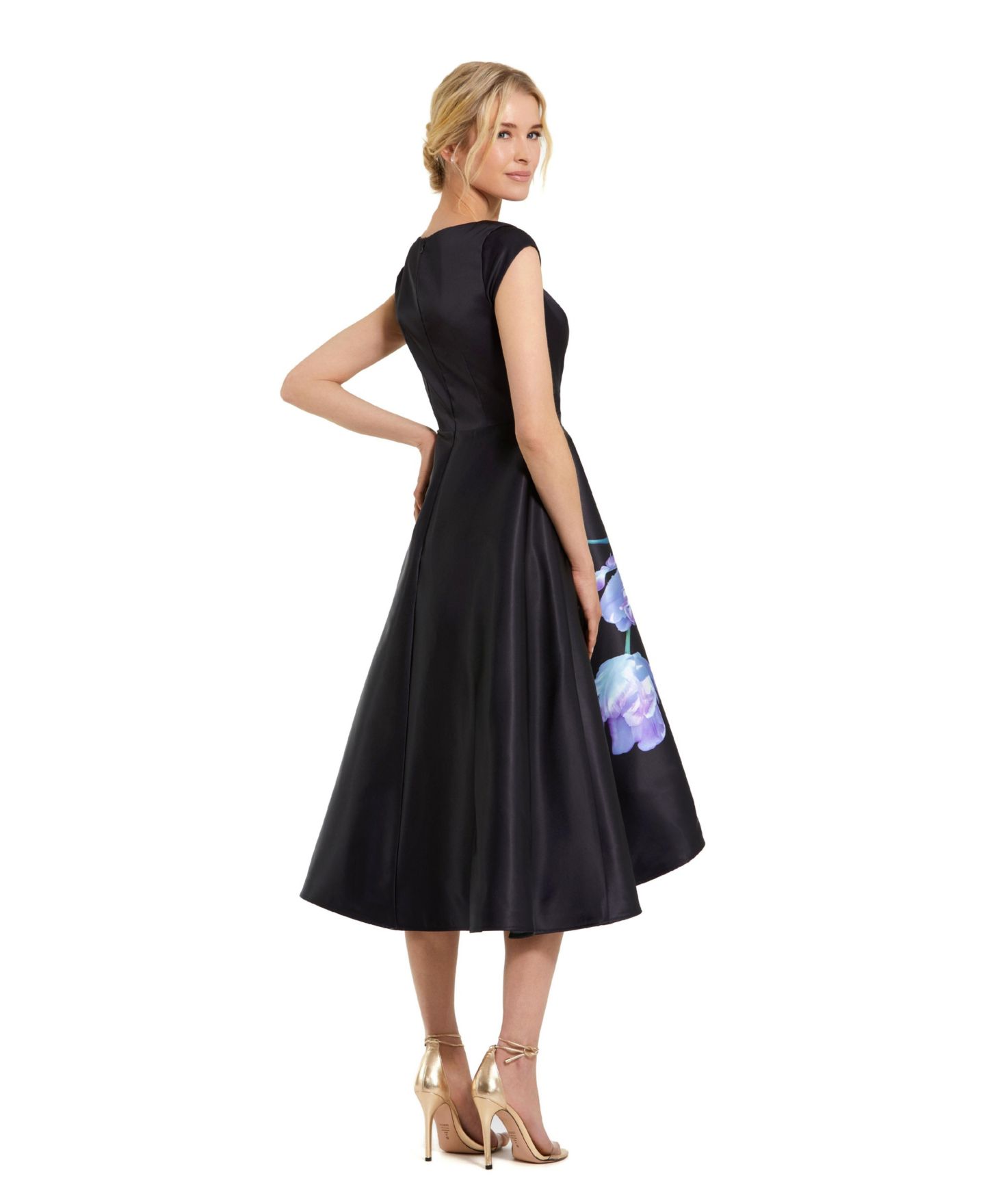 Женское платье Mac Duggal Floral Print Cap Sleeve Satin Midi, цвет: Чёрный разноцветный — фото 2