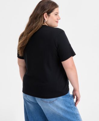 Trendy Plus Size Sequin Neck Cotton T-Shirt, Macy's Exclusive