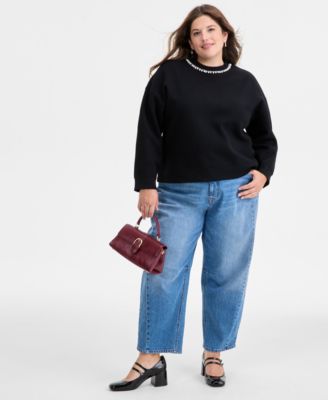 Trendy Plus Size Embellished-Neck Long-Sleeve Sweatshirt, Macy's Exclusive