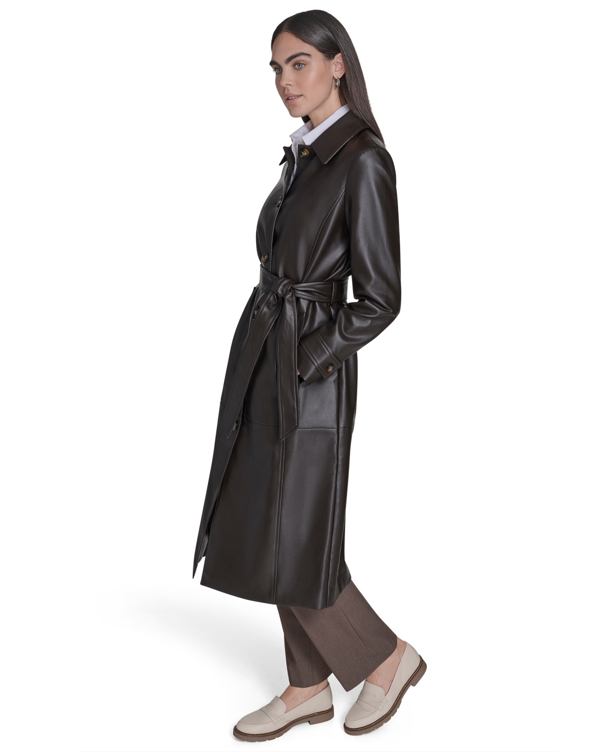 Calvin Klein Petite Faux-leather Trench Coat In Brown