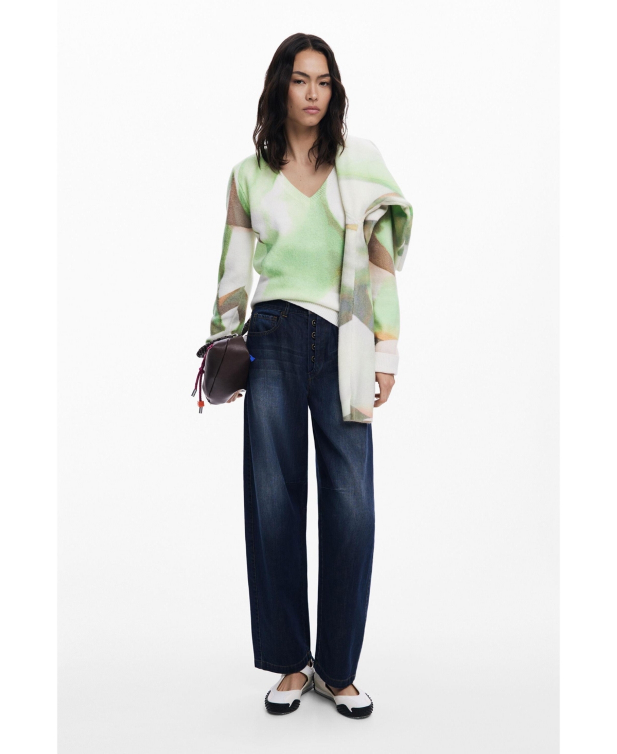 Desigual Abstract Print V-neck Sweater In Green