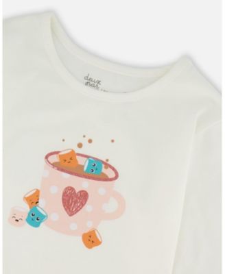 Big Girls Cotton Long Sleeve T-Shirt Off-White with Hot Chocolate