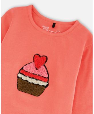 Girl Cotton T-Shirt Coral with Cupcake - Child