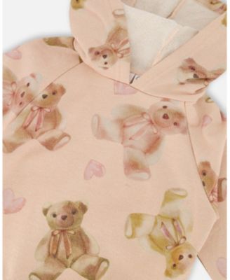 Big Girls Glittering French Terry Hoodie Beige Teddy Bear Print