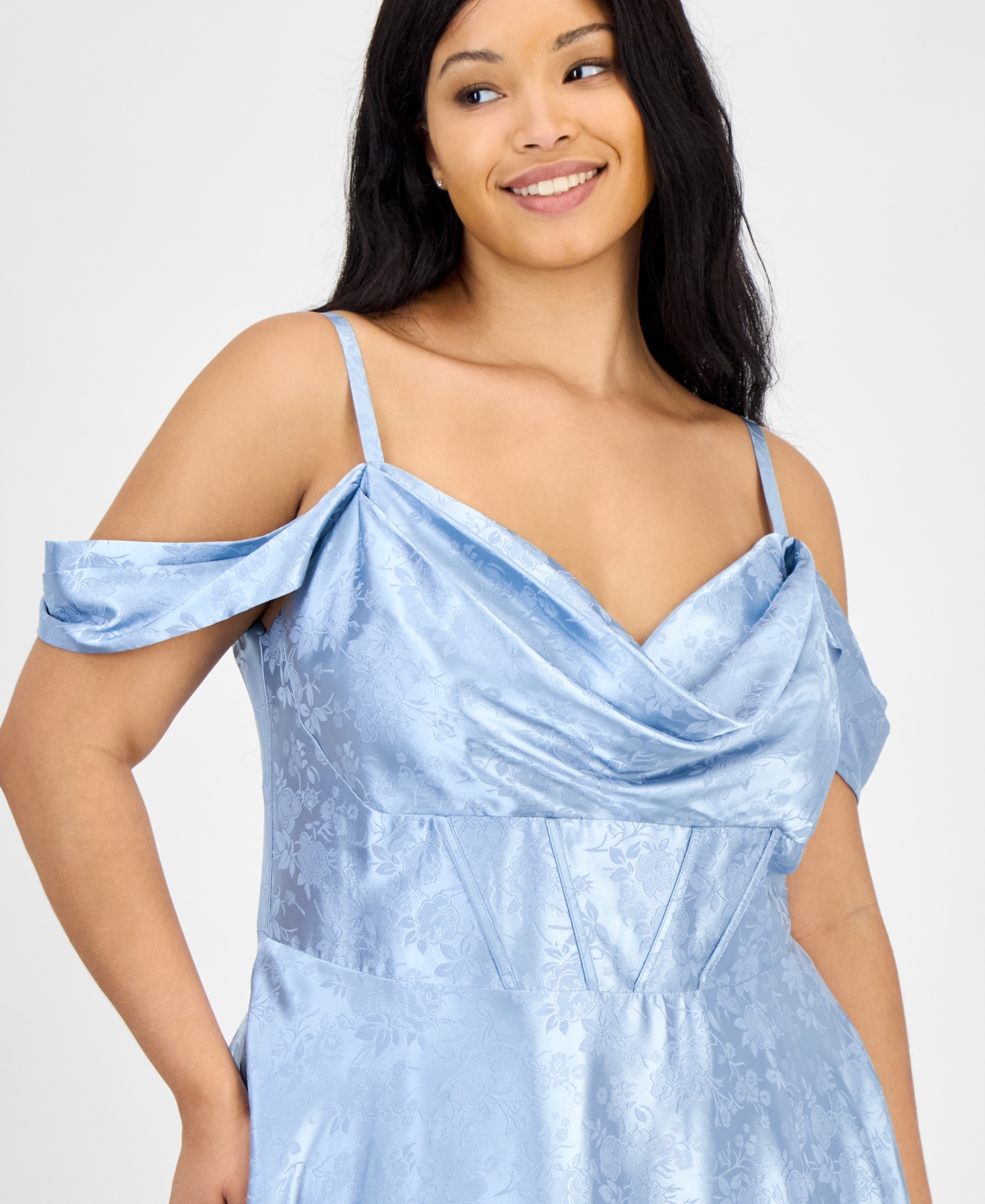 B Darlin Trendy Plus Size Off-the-shoulder Satin Jacquard Gown In Blue
