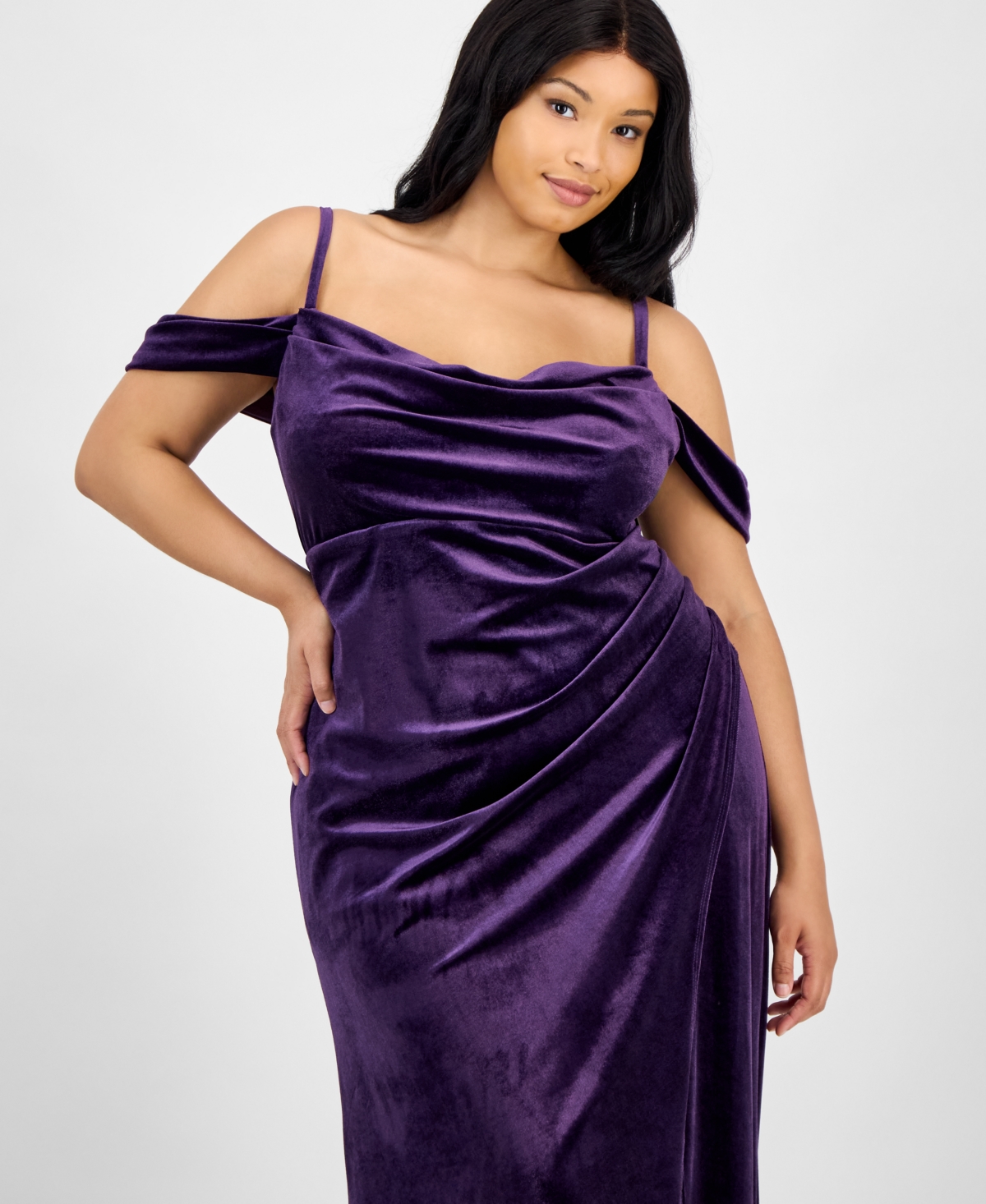 B Darlin Off The Shoulder Velvet Gown In Purple