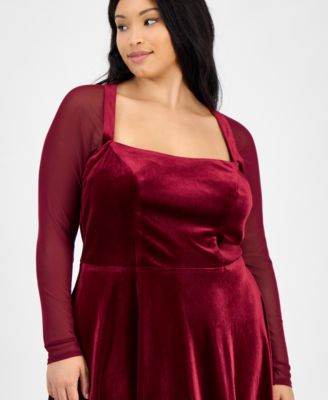 Trendy Plus Size Mesh-Sleeve Velvet Fit & Flare Dress