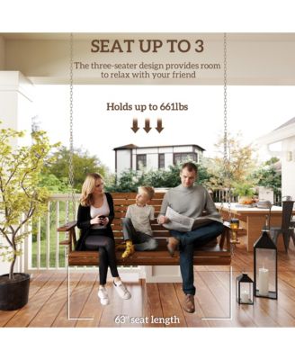 5 FT Wooden Porch Swing 3-Seater with Cupholders,